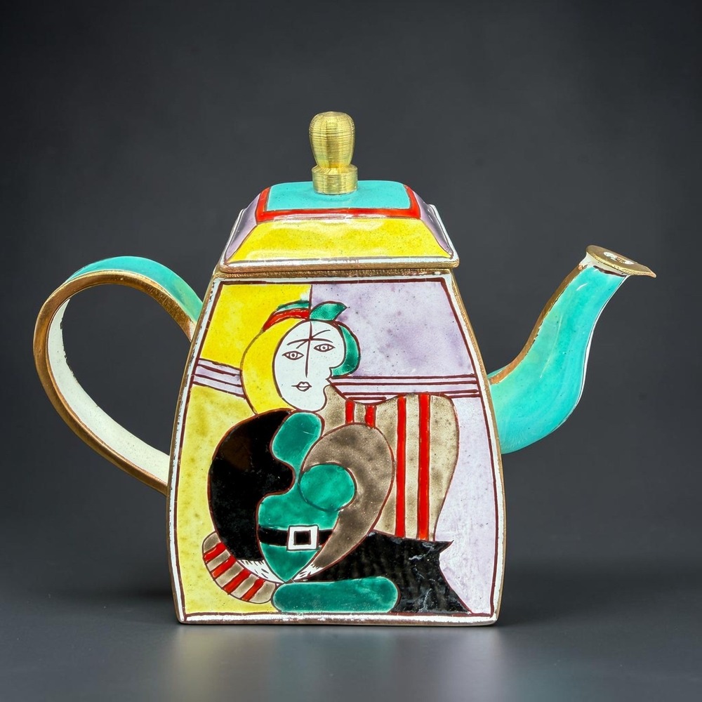 Kelvin Chen Picasso Miniature Enameled Teapot Cubist Art Hand Painted Vintage